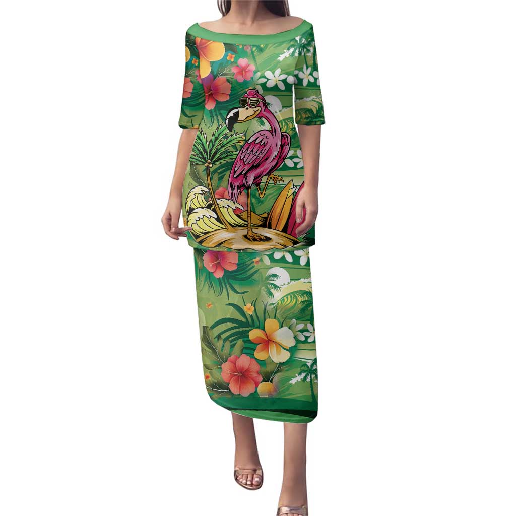 Hawaiian Flamingo Hibiscus Personalised Family Matching Puletasi and Hawaiian Shirt Green Summer Tropical Flowers LT9 Mom's Dress Green - Polynesian Pride