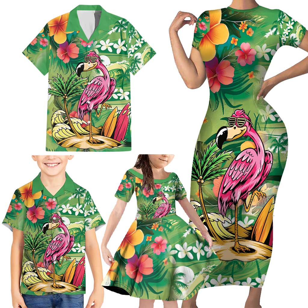 Hawaiian Flamingo Hibiscus Personalised Family Matching Short Sleeve Bodycon Dress and Hawaiian Shirt Green Summer Tropical Flowers LT9 - Polynesian Pride
