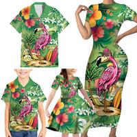 Hawaiian Flamingo Hibiscus Personalised Family Matching Short Sleeve Bodycon Dress and Hawaiian Shirt Green Summer Tropical Flowers LT9 - Polynesian Pride