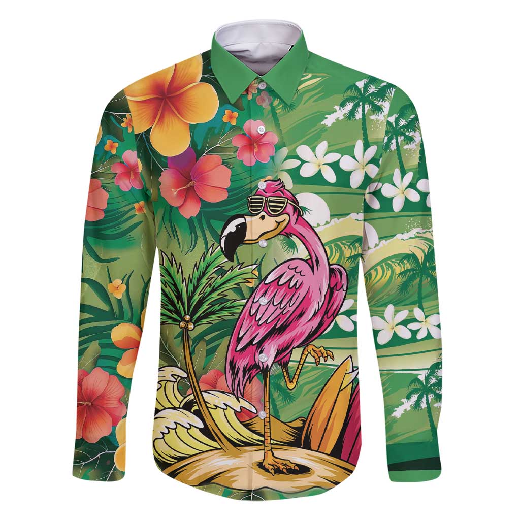 Hawaiian Flamingo Hibiscus Personalised Family Matching Short Sleeve Bodycon Dress and Hawaiian Shirt Green Summer Tropical Flowers LT9 Dad's Shirt - Long Sleeve Green - Polynesian Pride