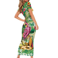 Hawaiian Flamingo Hibiscus Personalised Family Matching Short Sleeve Bodycon Dress and Hawaiian Shirt Green Summer Tropical Flowers LT9 - Polynesian Pride