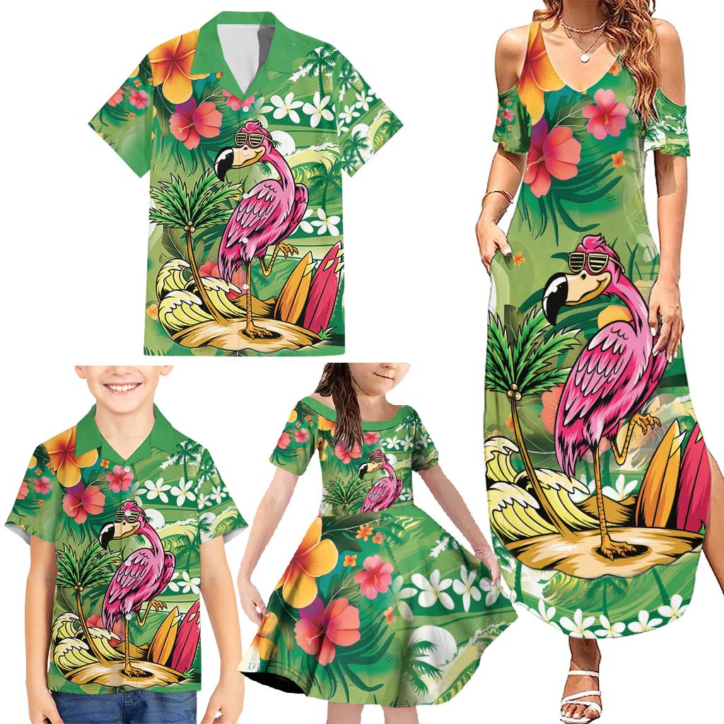 Hawaiian Flamingo Hibiscus Personalised Family Matching Summer Maxi Dress and Hawaiian Shirt Green Summer Tropical Flowers LT9 - Polynesian Pride
