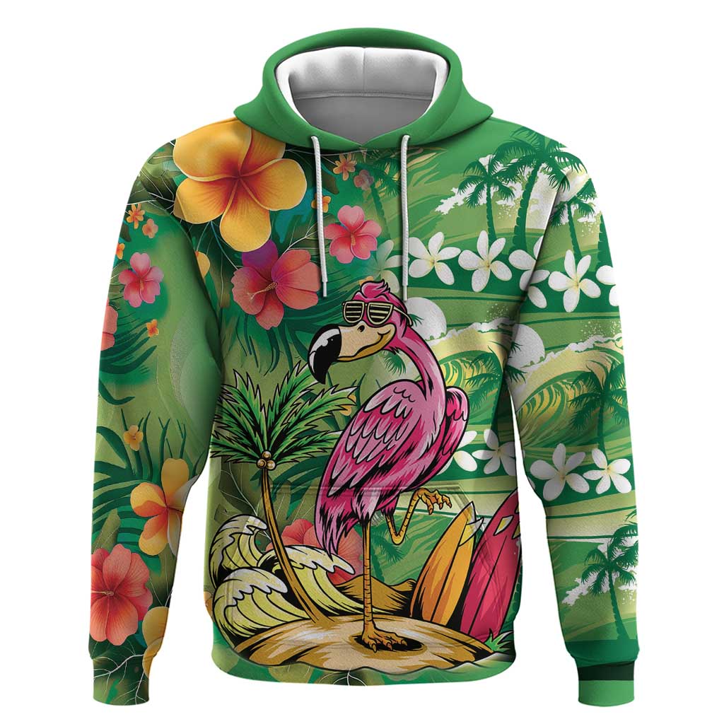 Hawaiian Flamingo Hibiscus Personalised Hoodie Green Summer Tropical Flowers LT9 Pullover Hoodie Green - Polynesian Pride