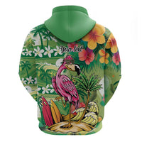 Hawaiian Flamingo Hibiscus Personalised Hoodie Green Summer Tropical Flowers LT9 - Polynesian Pride