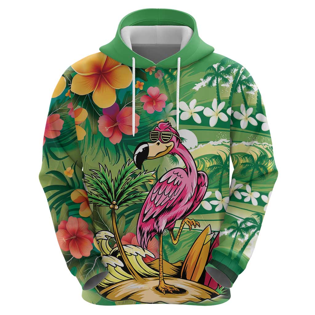 Hawaiian Flamingo Hibiscus Personalised Hoodie Green Summer Tropical Flowers LT9 - Polynesian Pride