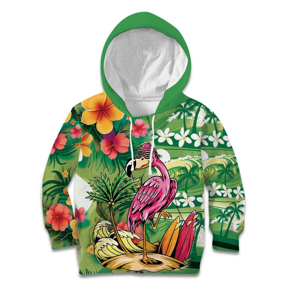 Hawaiian Flamingo Hibiscus Personalised Kid Hoodie Green Summer Tropical Flowers LT9 Hoodie Green - Polynesian Pride