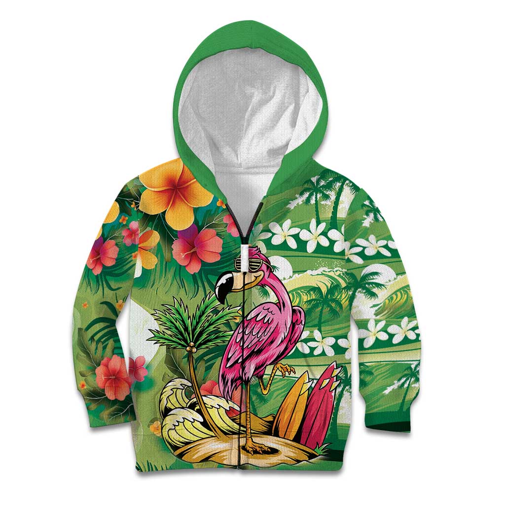 Hawaiian Flamingo Hibiscus Personalised Kid Hoodie Green Summer Tropical Flowers LT9 Zip Hoodie Green - Polynesian Pride