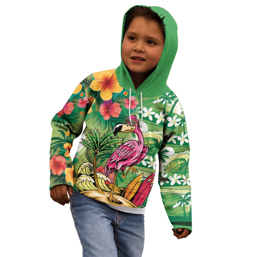 Hawaiian Flamingo Hibiscus Personalised Kid Hoodie Green Summer Tropical Flowers LT9 - Polynesian Pride