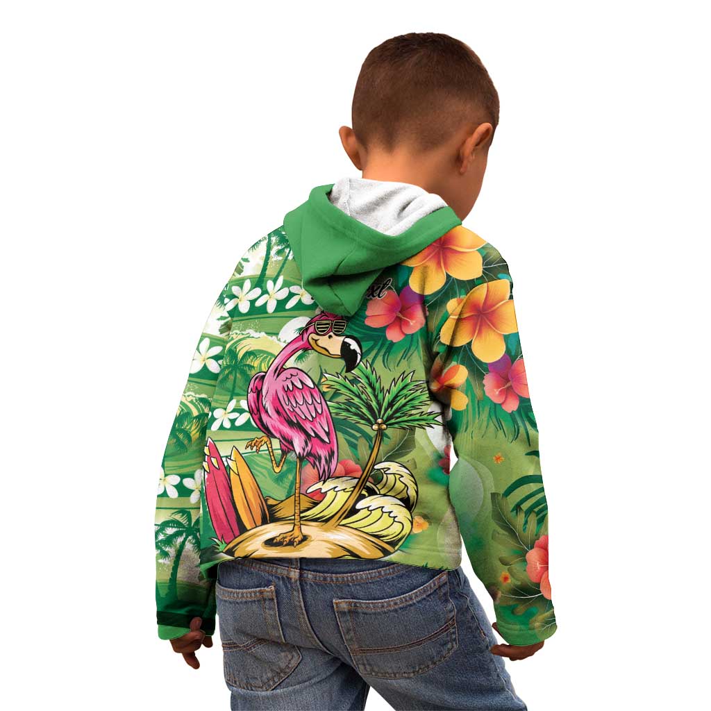Hawaiian Flamingo Hibiscus Personalised Kid Hoodie Green Summer Tropical Flowers LT9 - Polynesian Pride