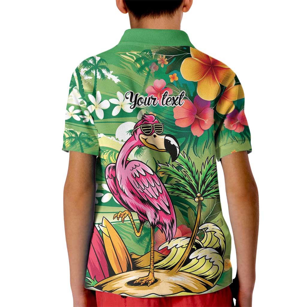 Hawaiian Flamingo Hibiscus Personalised Kid Polo Shirt Green Summer Tropical Flowers LT9 - Polynesian Pride