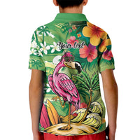 Hawaiian Flamingo Hibiscus Personalised Kid Polo Shirt Green Summer Tropical Flowers LT9 - Polynesian Pride