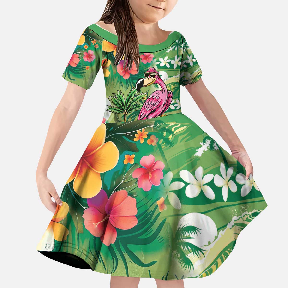Hawaiian Flamingo Hibiscus Personalised Kid Short Sleeve Dress Green Summer Tropical Flowers LT9 KID Green - Polynesian Pride