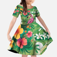 Hawaiian Flamingo Hibiscus Personalised Kid Short Sleeve Dress Green Summer Tropical Flowers LT9 KID Green - Polynesian Pride