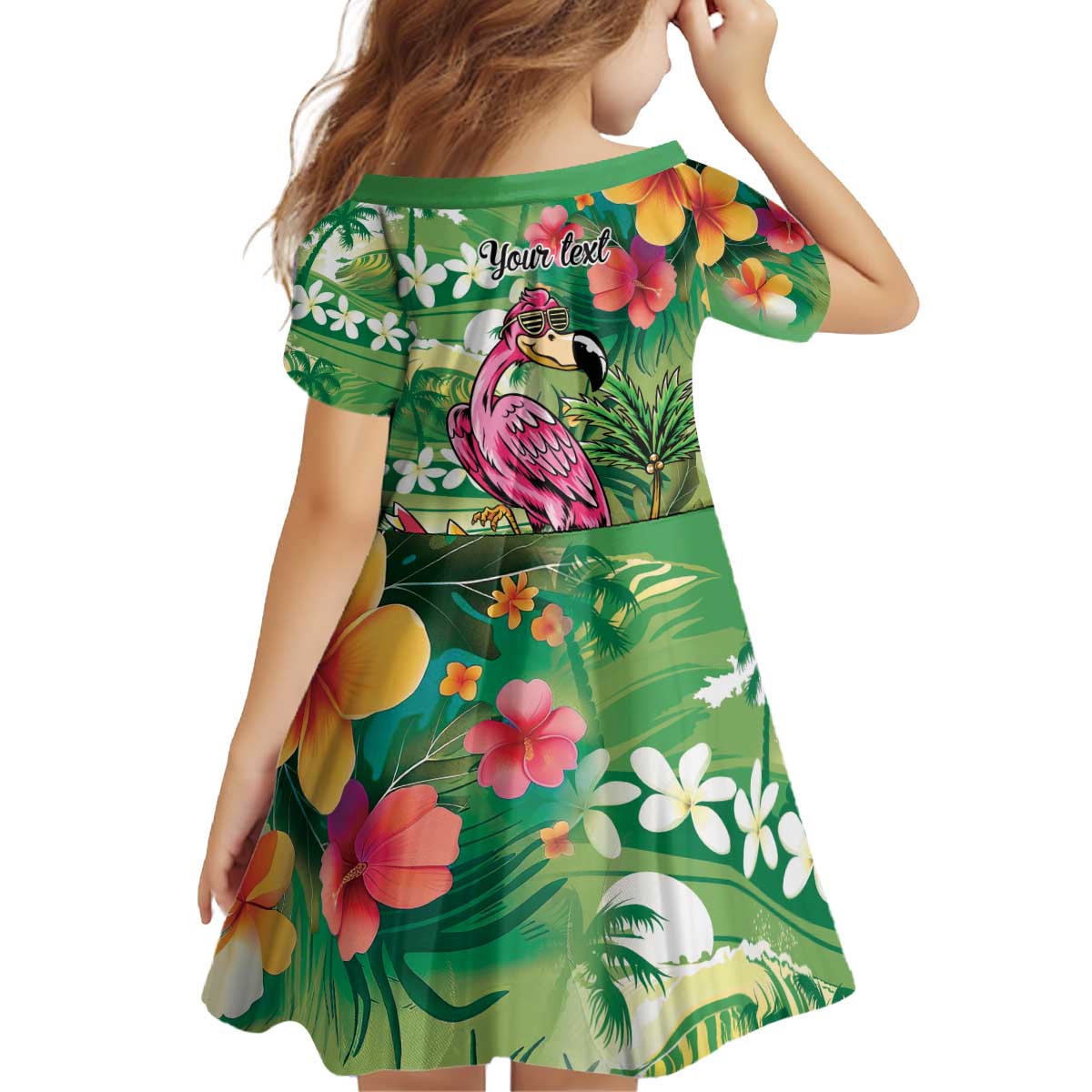 Hawaiian Flamingo Hibiscus Personalised Kid Short Sleeve Dress Green Summer Tropical Flowers LT9 - Polynesian Pride