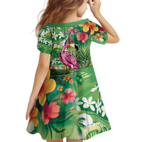 Hawaiian Flamingo Hibiscus Personalised Kid Short Sleeve Dress Green Summer Tropical Flowers LT9 - Polynesian Pride