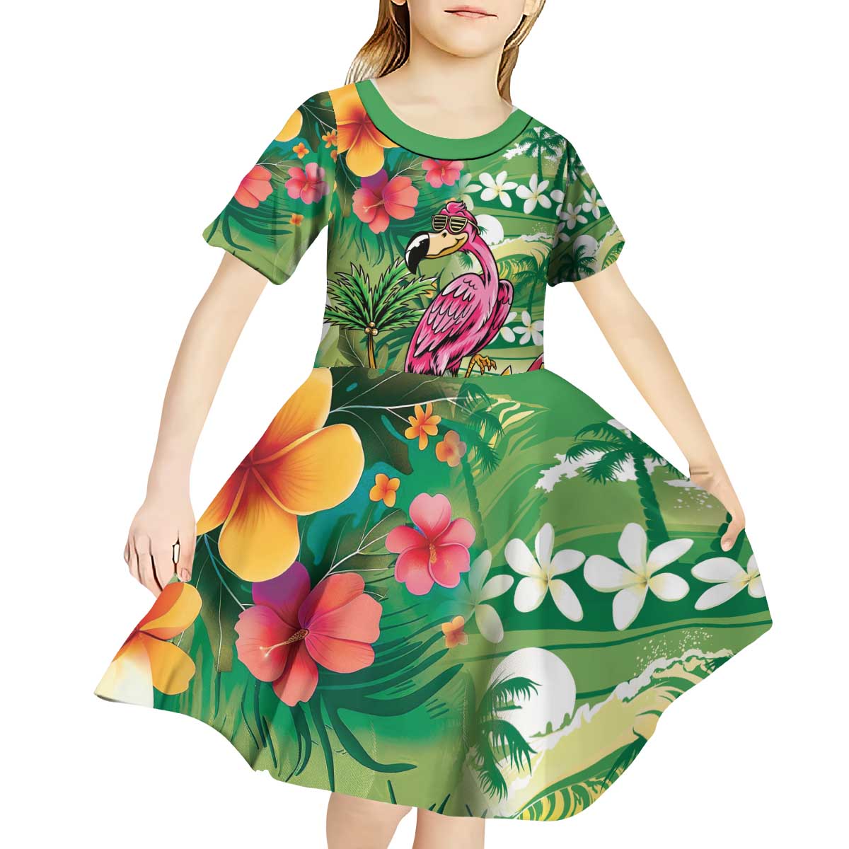 Hawaiian Flamingo Hibiscus Personalised Kid Short Sleeve Dress Green Summer Tropical Flowers LT9 - Polynesian Pride