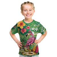 Hawaiian Flamingo Hibiscus Personalised Kid T Shirt Green Summer Tropical Flowers LT9 Green - Polynesian Pride
