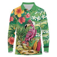 Hawaiian Flamingo Hibiscus Personalised Long Sleeve Polo Shirt Green Summer Tropical Flowers LT9 Green - Polynesian Pride
