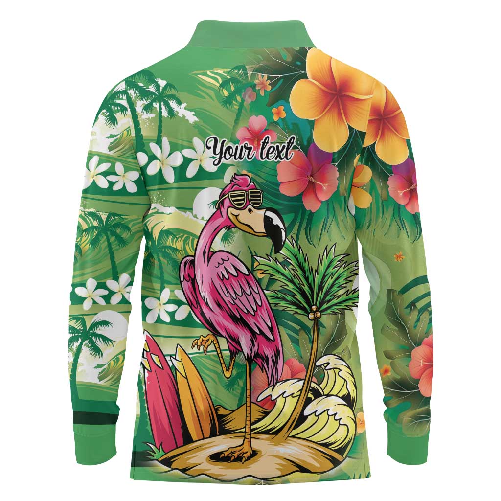Hawaiian Flamingo Hibiscus Personalised Long Sleeve Polo Shirt Green Summer Tropical Flowers LT9 - Polynesian Pride
