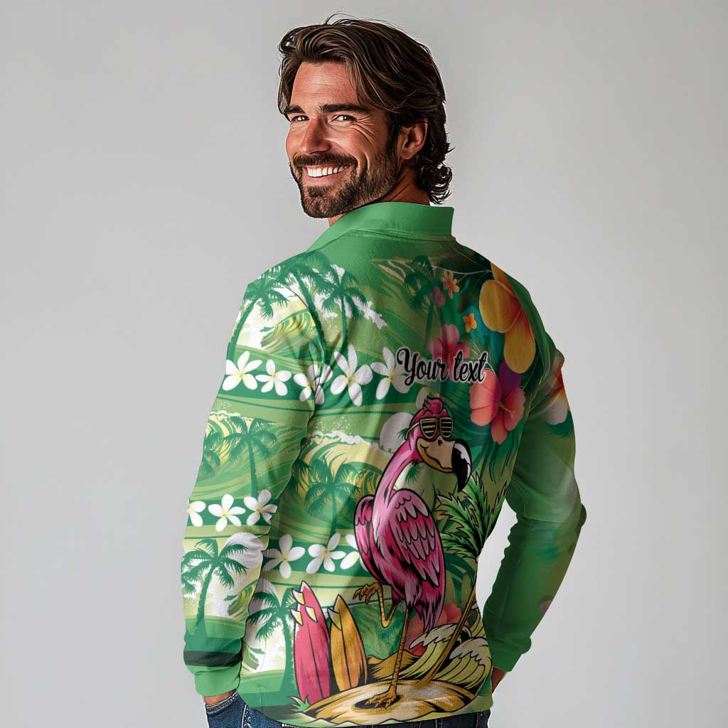 Hawaiian Flamingo Hibiscus Personalised Long Sleeve Polo Shirt Green Summer Tropical Flowers LT9 - Polynesian Pride
