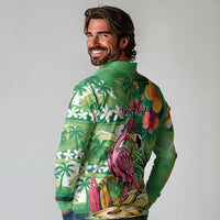 Hawaiian Flamingo Hibiscus Personalised Long Sleeve Polo Shirt Green Summer Tropical Flowers LT9 - Polynesian Pride
