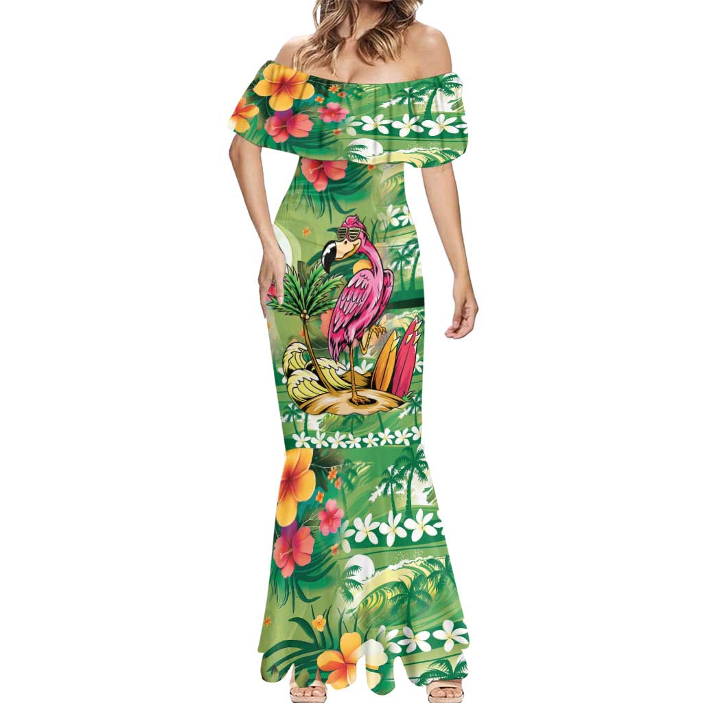 Hawaiian Flamingo Hibiscus Personalised Mermaid Dress Green Summer Tropical Flowers LT9 - Polynesian Pride