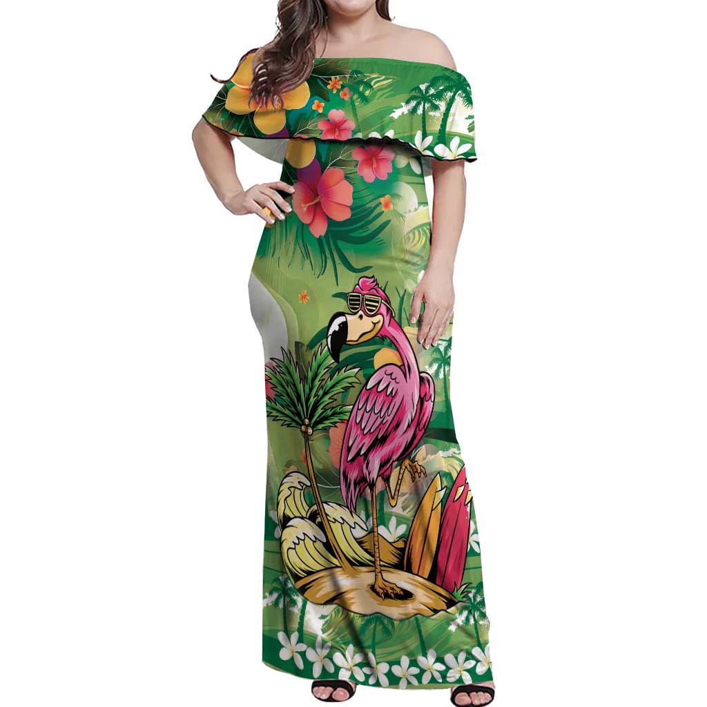 Hawaiian Flamingo Hibiscus Personalised Off Shoulder Maxi Dress Green Summer Tropical Flowers LT9 Women Green - Polynesian Pride