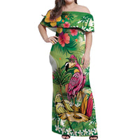 Hawaiian Flamingo Hibiscus Personalised Off Shoulder Maxi Dress Green Summer Tropical Flowers LT9 Women Green - Polynesian Pride