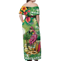 Hawaiian Flamingo Hibiscus Personalised Off Shoulder Maxi Dress Green Summer Tropical Flowers LT9 - Polynesian Pride