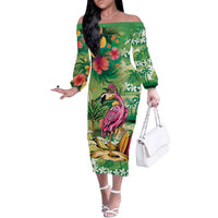 Hawaiian Flamingo Hibiscus Personalised Off The Shoulder Long Sleeve Dress Green Summer Tropical Flowers LT9 Women Green - Polynesian Pride