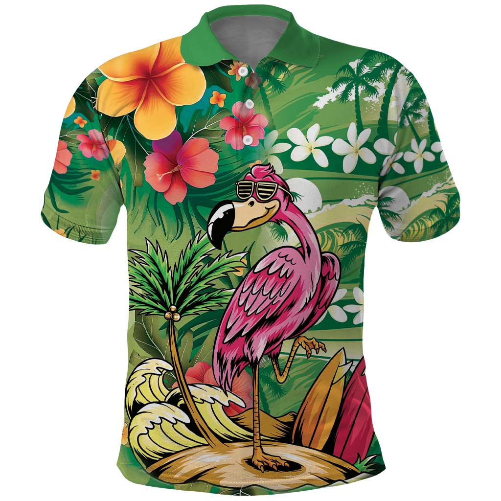 Hawaiian Flamingo Hibiscus Personalised Polo Shirt Green Summer Tropical Flowers LT9 Green - Polynesian Pride