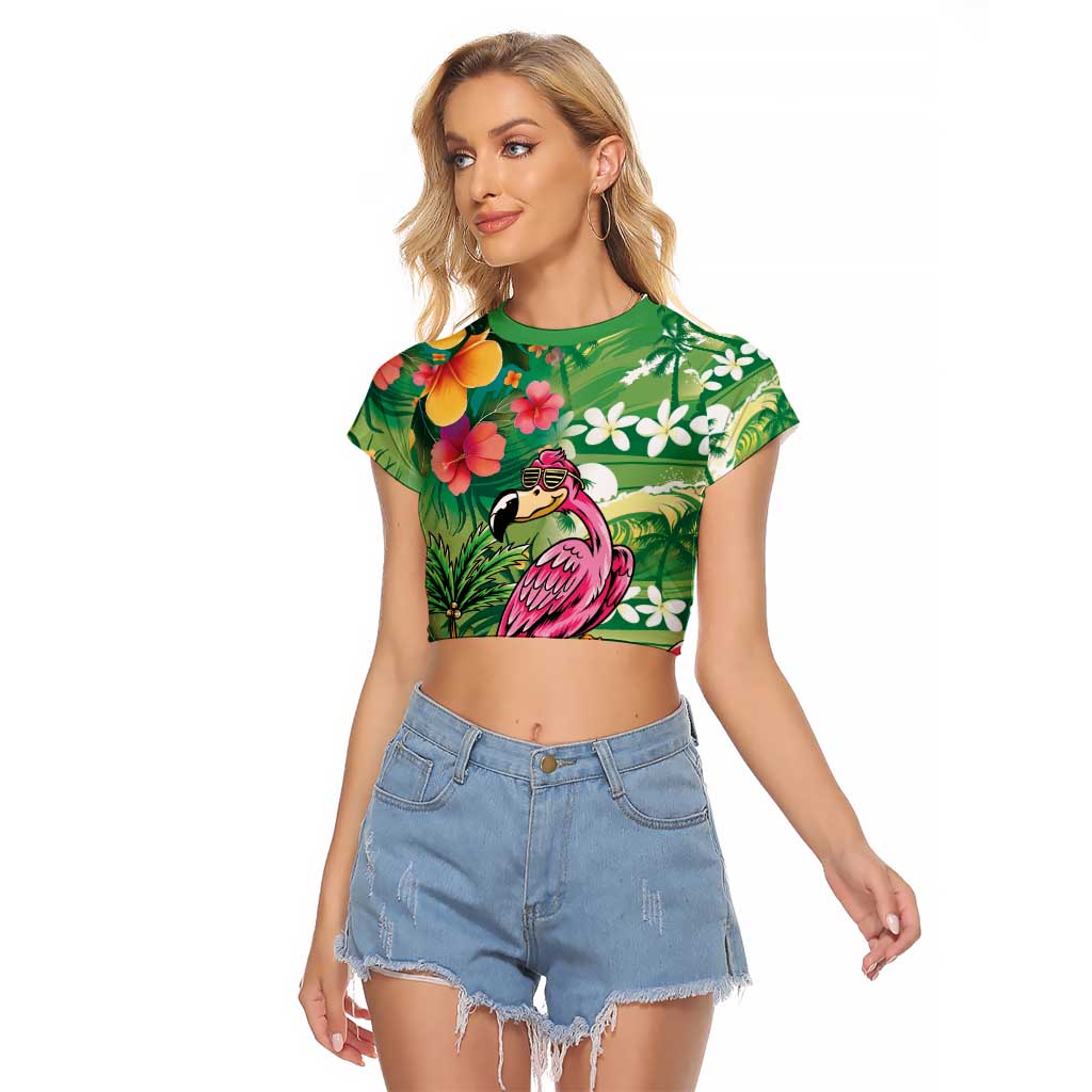 Hawaiian Flamingo Hibiscus Personalised Raglan Cropped T Shirt Green Summer Tropical Flowers LT9 Female Green - Polynesian Pride