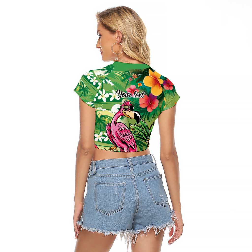 Hawaiian Flamingo Hibiscus Personalised Raglan Cropped T Shirt Green Summer Tropical Flowers LT9 - Polynesian Pride