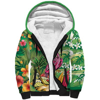 Hawaiian Flamingo Hibiscus Personalised Sherpa Hoodie Green Summer Tropical Flowers LT9 Unisex Green - Polynesian Pride