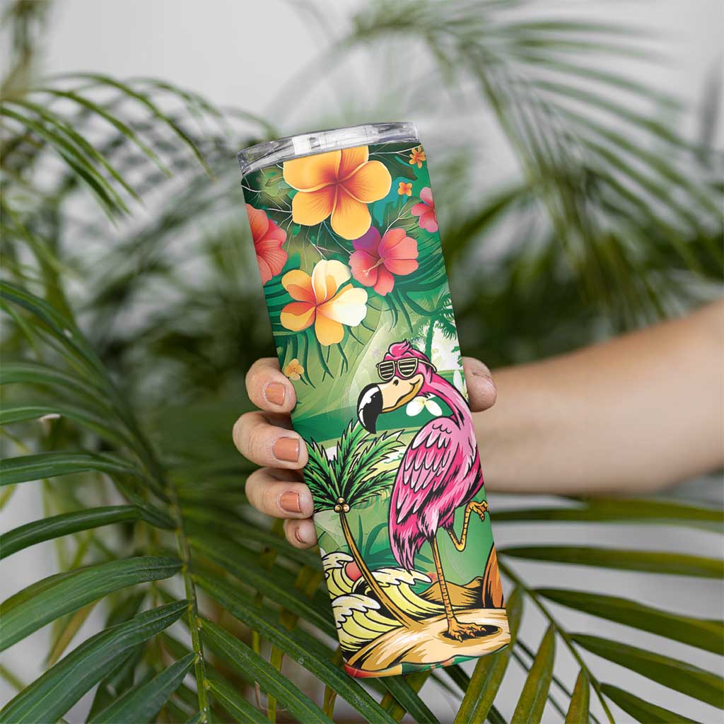 Hawaiian Flamingo Hibiscus Personalised Skinny Tumbler Green Summer Tropical Flowers LT9 - Polynesian Pride