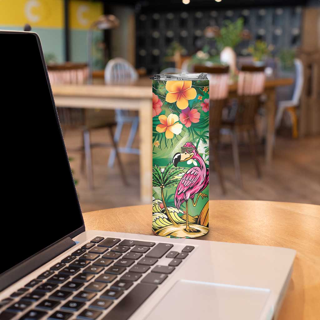 Hawaiian Flamingo Hibiscus Personalised Skinny Tumbler Green Summer Tropical Flowers LT9 - Polynesian Pride