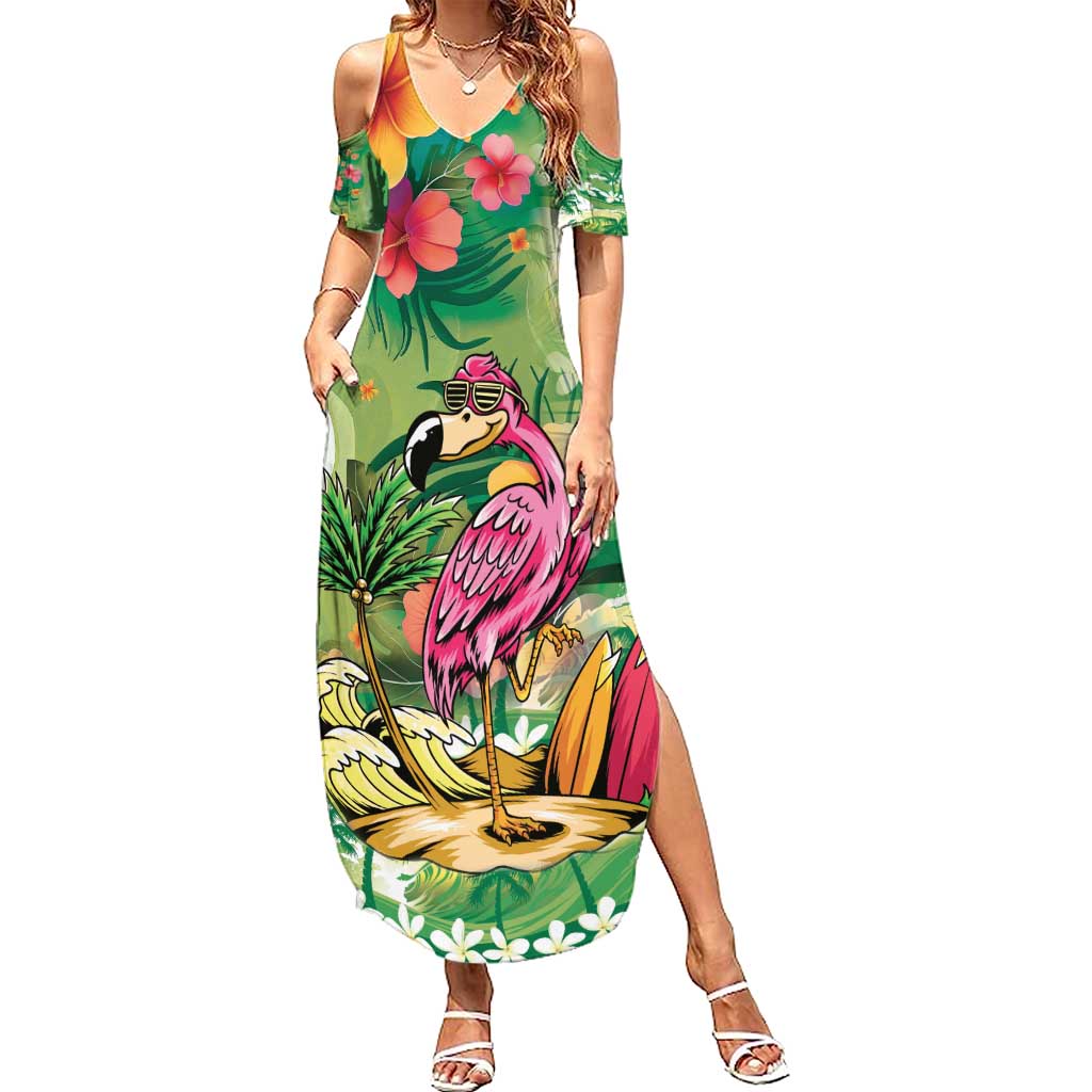 Hawaiian Flamingo Hibiscus Personalised Summer Maxi Dress Green Summer Tropical Flowers LT9 Women Green - Polynesian Pride