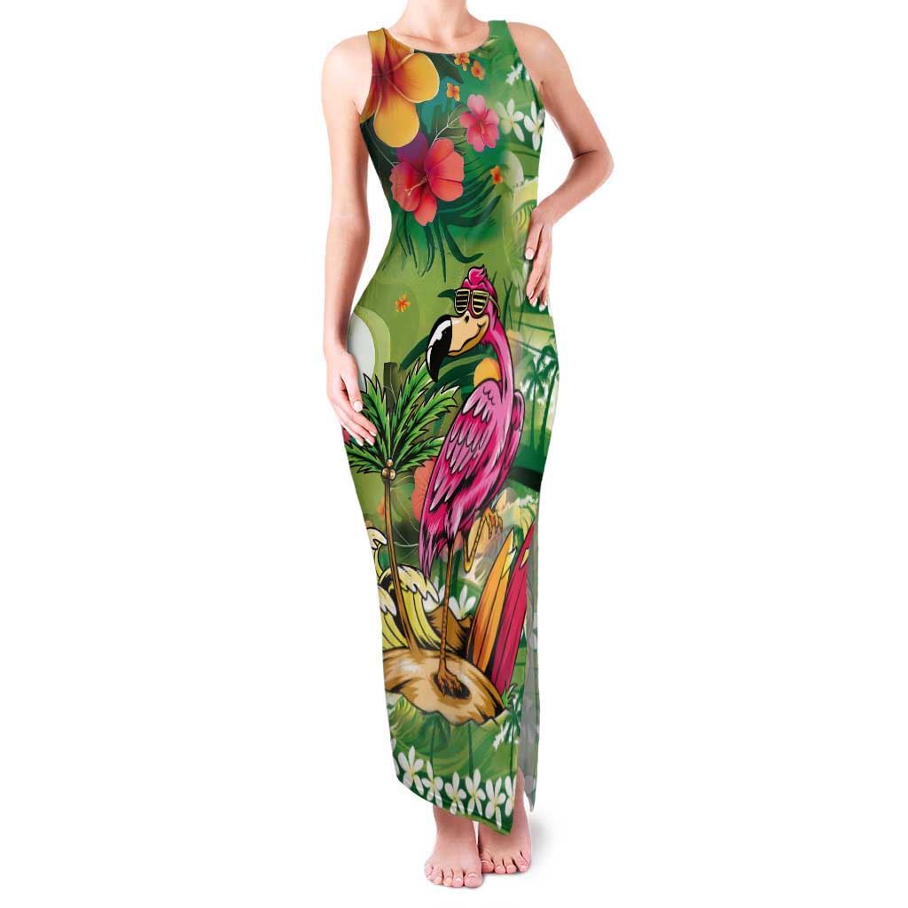 Hawaiian Flamingo Hibiscus Personalised Tank Maxi Dress Green Summer Tropical Flowers LT9 Women Green - Polynesian Pride