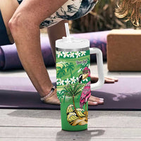 Hawaiian Flamingo Hibiscus Personalised Tumbler With Handle Green Summer Tropical Flowers - Polynesian Pride