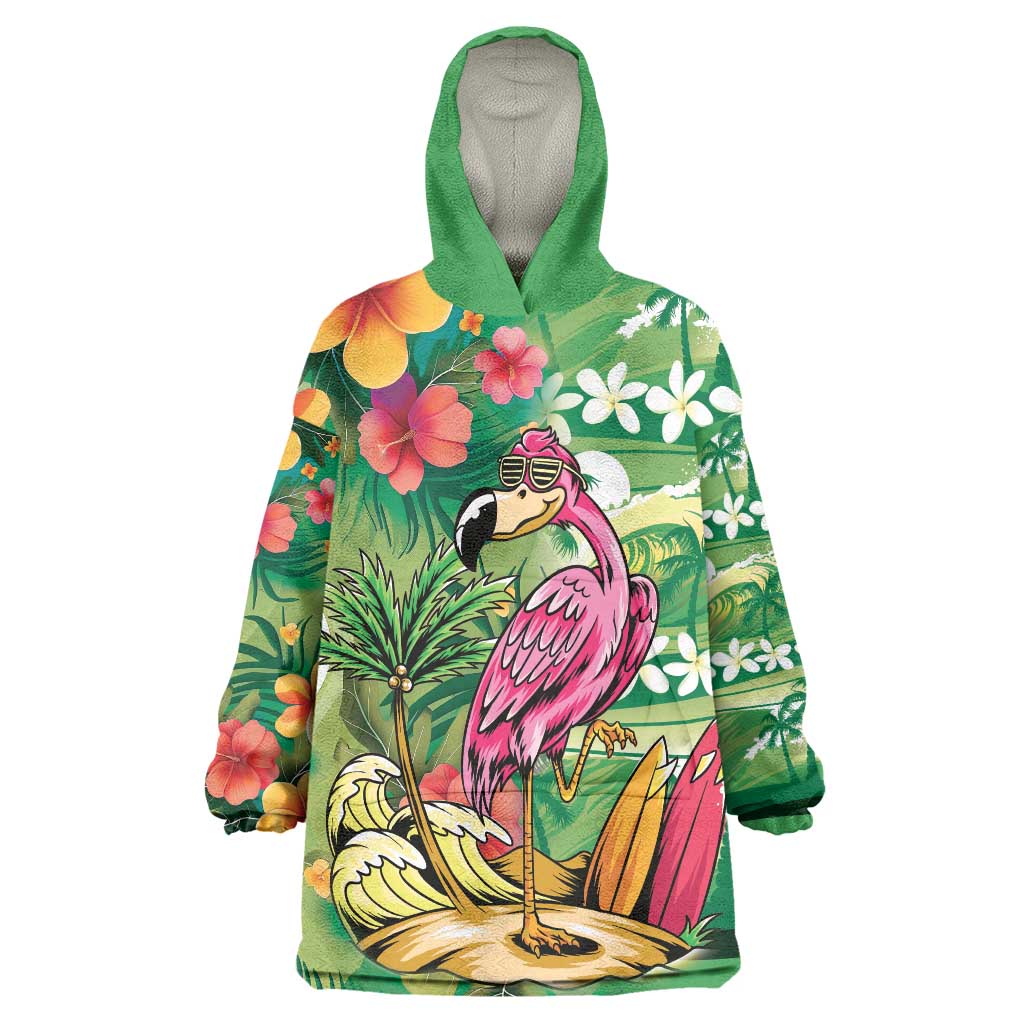 Hawaiian Flamingo Hibiscus Personalised Wearable Blanket Hoodie Green Summer Tropical Flowers LT9 One Size Green - Polynesian Pride