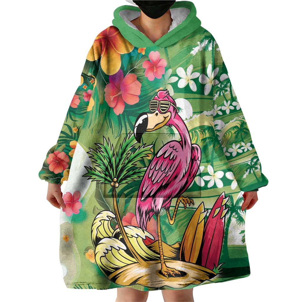 Hawaiian Flamingo Hibiscus Personalised Wearable Blanket Hoodie Green Summer Tropical Flowers LT9 - Polynesian Pride