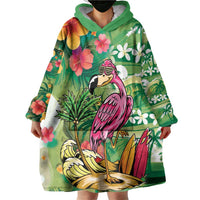 Hawaiian Flamingo Hibiscus Personalised Wearable Blanket Hoodie Green Summer Tropical Flowers LT9 - Polynesian Pride