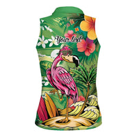 Hawaiian Flamingo Hibiscus Personalised Women Sleeveless Polo Shirt Green Summer Tropical Flowers LT9 - Polynesian Pride