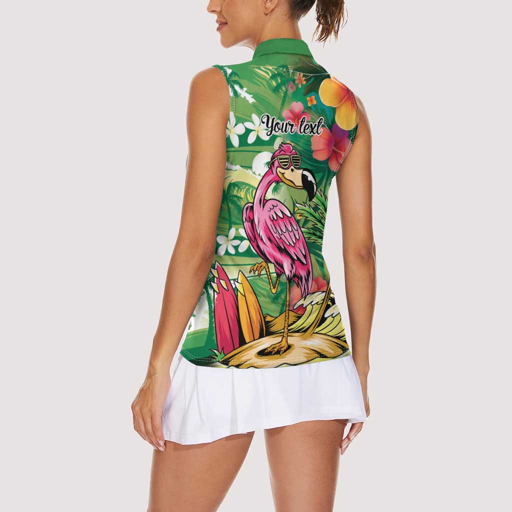 Hawaiian Flamingo Hibiscus Personalised Women Sleeveless Polo Shirt Green Summer Tropical Flowers LT9 - Polynesian Pride