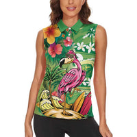 Hawaiian Flamingo Hibiscus Personalised Women Sleeveless Polo Shirt Green Summer Tropical Flowers LT9 - Polynesian Pride