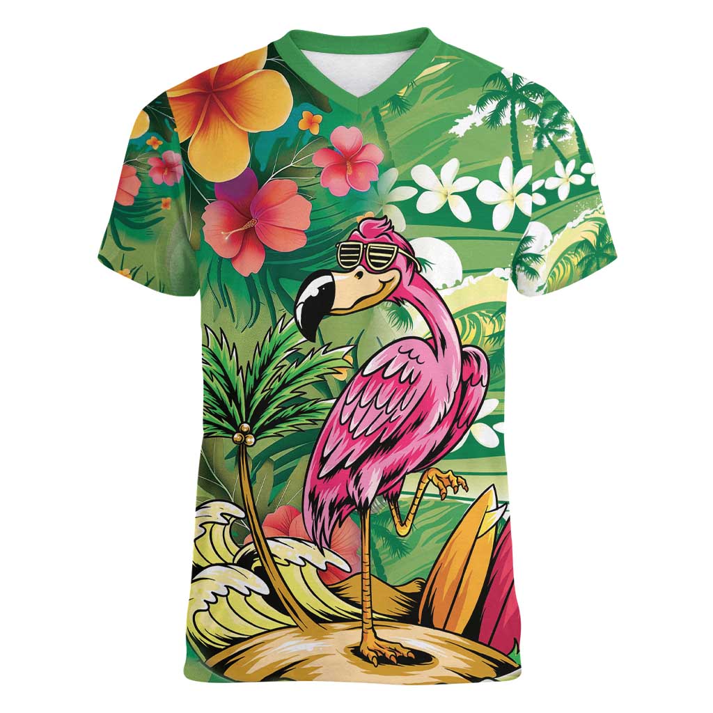 Hawaiian Flamingo Hibiscus Personalised Women V-Neck T-Shirt Green Summer Tropical Flowers LT9 Female Green - Polynesian Pride