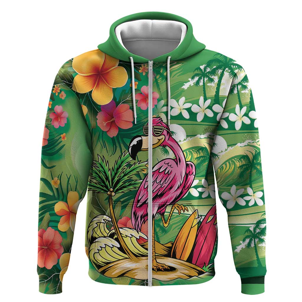 Hawaiian Flamingo Hibiscus Personalised Zip Hoodie Green Summer Tropical Flowers LT9 Zip Hoodie Green - Polynesian Pride