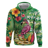 Hawaiian Flamingo Hibiscus Personalised Zip Hoodie Green Summer Tropical Flowers LT9 Pullover Hoodie Green - Polynesian Pride