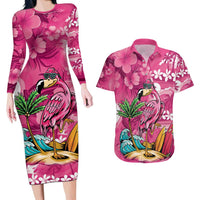 Hawaiian Flamingo Hibiscus Personalised Couples Matching Long Sleeve Bodycon Dress and Hawaiian Shirt Pink Summer Tropical Flowers LT9 Pink - Polynesian Pride