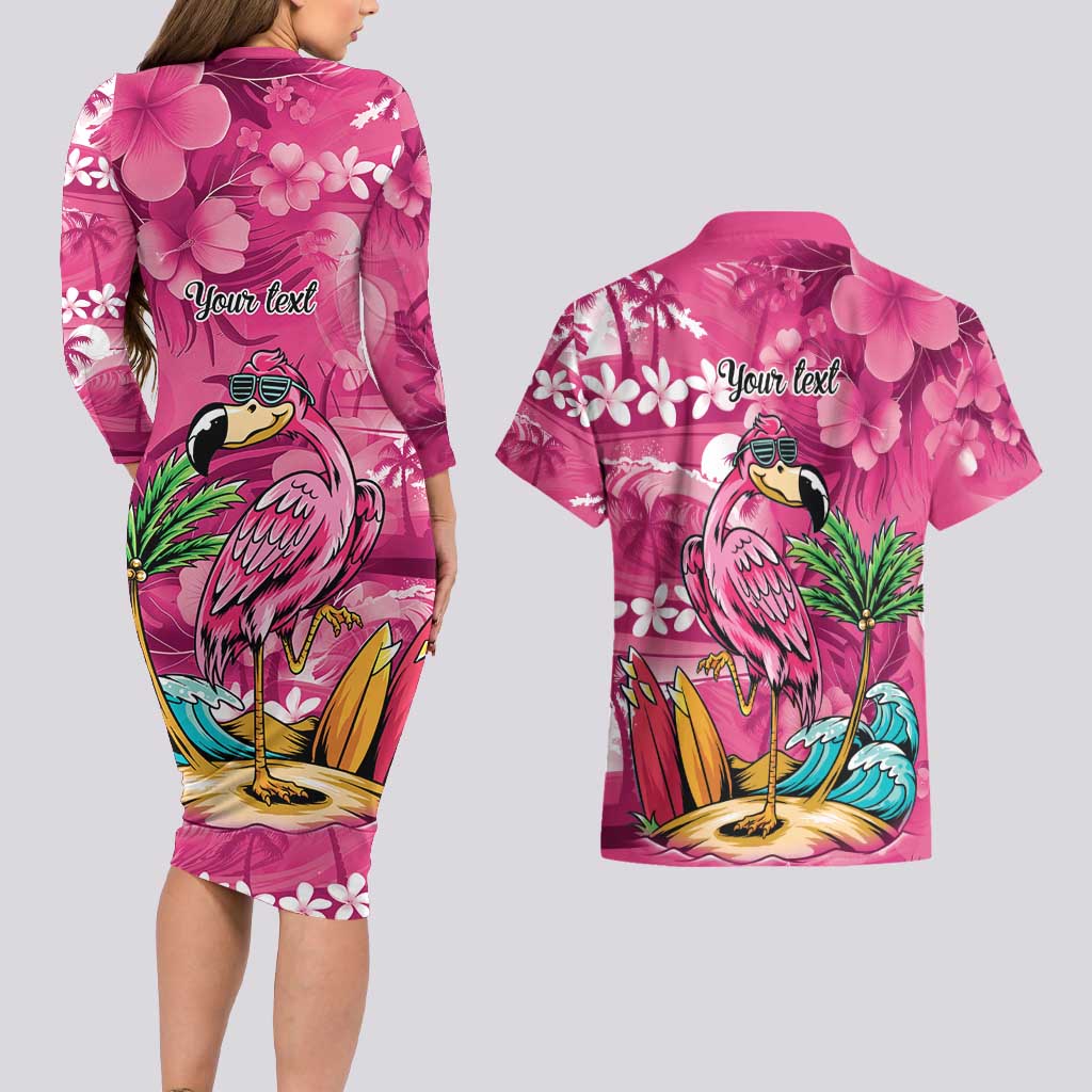 Hawaiian Flamingo Hibiscus Personalised Couples Matching Long Sleeve Bodycon Dress and Hawaiian Shirt Pink Summer Tropical Flowers LT9 - Polynesian Pride
